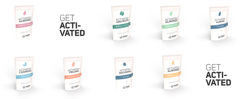 Banner of front packaging of activated nuts and activated Australian nut flours  by Pallet Wholefoods